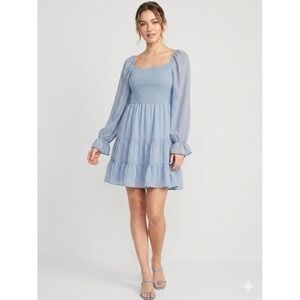 Altar'd‎ State Blue Smocked Fairy Dainty Feminine Silver Boho Dot Square Neck L